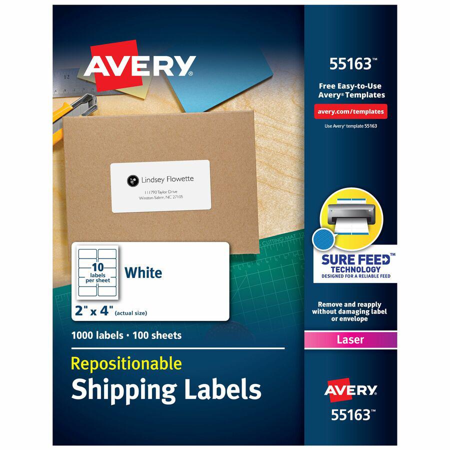 Avery&reg; Repositionable Labels, Sure Feed, 2" x 4" , 1,000 Labels (55163) - 2" Width x 4" Length - Rectangle - Laser - White - Paper - 10 / Sheet - 100 Total Sheets - 1000 Total Label(s) - 5 - Repos. Picture 5