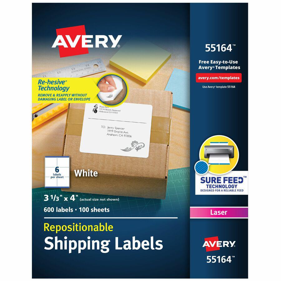 Avery&reg; Repositionable Labels, Sure Feed, 3-1/3"x4" , 600 Labels (55164) - 3 21/64" Width x 4" Length - Rectangle - Laser - White - Paper - 6 / Sheet - 100 Total Sheets - 600 Total Label(s) - 5 - R. Picture 4