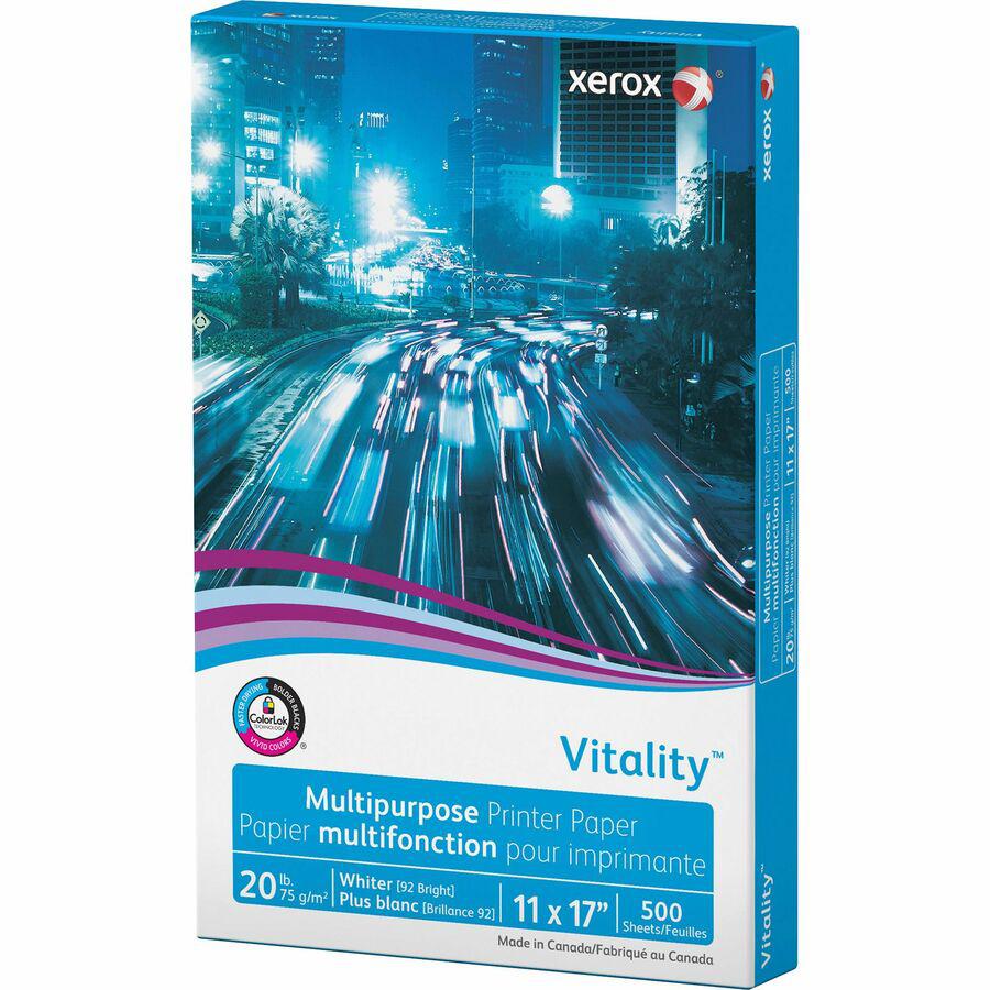 Xerox Vitality Multipurpose Printer Paper - White - 92 Brightness - 90% Opacity - 11" x 17" - 20 lb Basis Weight - 1 / Ream - Jam-free, ColorLok Technology - White. Picture 2