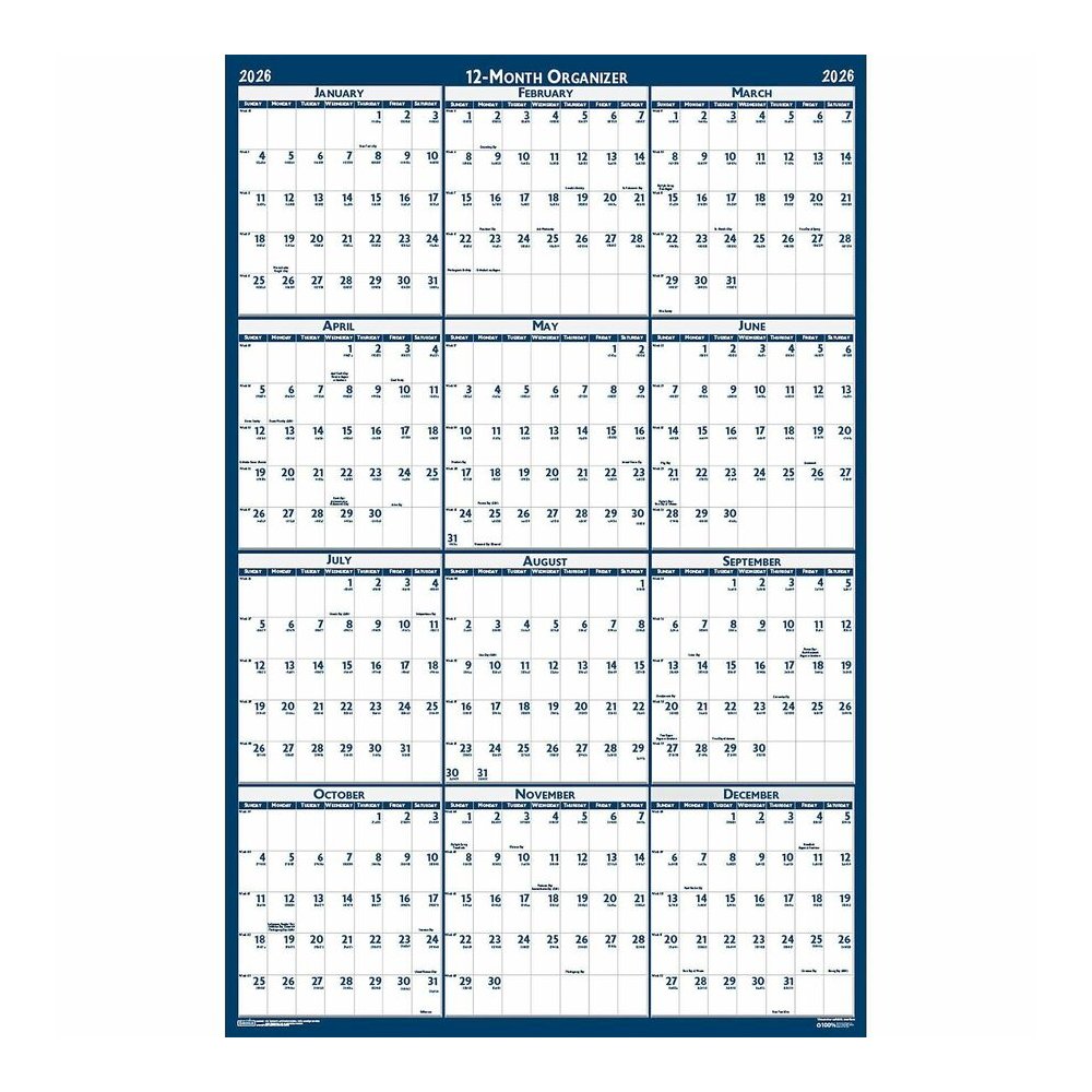 House of Doolittle Dated 66" Laminated Wall Planner - Julian Dates - Yearly - 12 Month - January 2026 to December 2026 - 66" x 33" Sheet Size - 2" x 2.25" Block - Blue, Gray - Paper - 1 Each. Picture 2