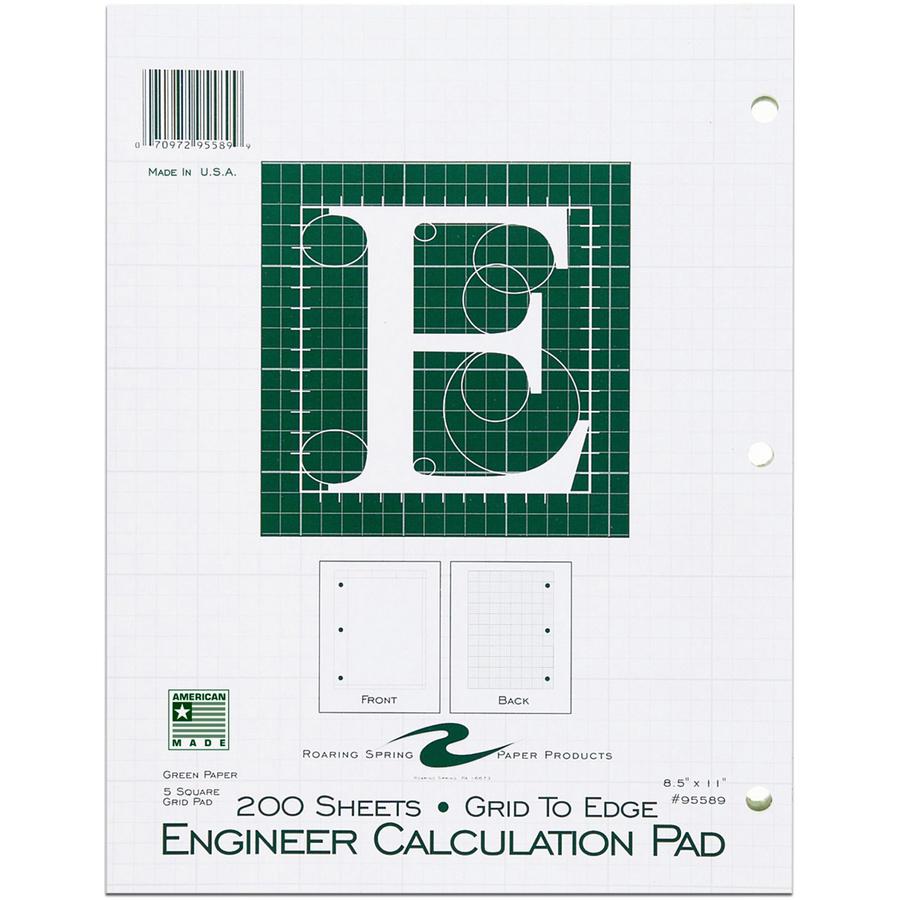 Roaring Spring 5x5 Grid Engineering Pad - 200 Sheets - 400 Pages - Printed - Glued - Back Ruling Surface - 3 Hole(s) - 15 lb Basis Weight - 56 g/m² Grammage - 11" x 8 1/2" - 0.66" x 8.5" x 11" - . Picture 2