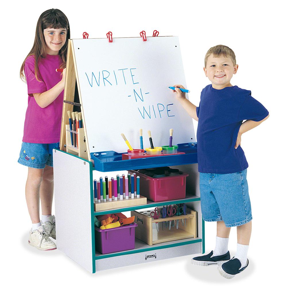 Jonti-Craft Rainbow Accents 2 Station Art Center - Freckled Gray, Teal Stand - Floor Standing - Storage Shelf, Chip Resistant, Wheels, Durable, Easy to Clean, Removable Easel, Storage Shelf - Assembly. Picture 2
