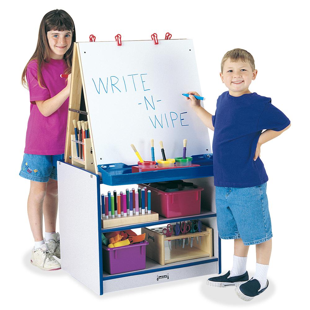 Jonti-Craft Rainbow Accents 2 Station Art Center - Freckled Gray, Blue Stand - Floor Standing - Storage Shelf, Chip Resistant, Wheels, Durable, Easy to Clean, Removable Easel, Storage Shelf - Assembly. Picture 4