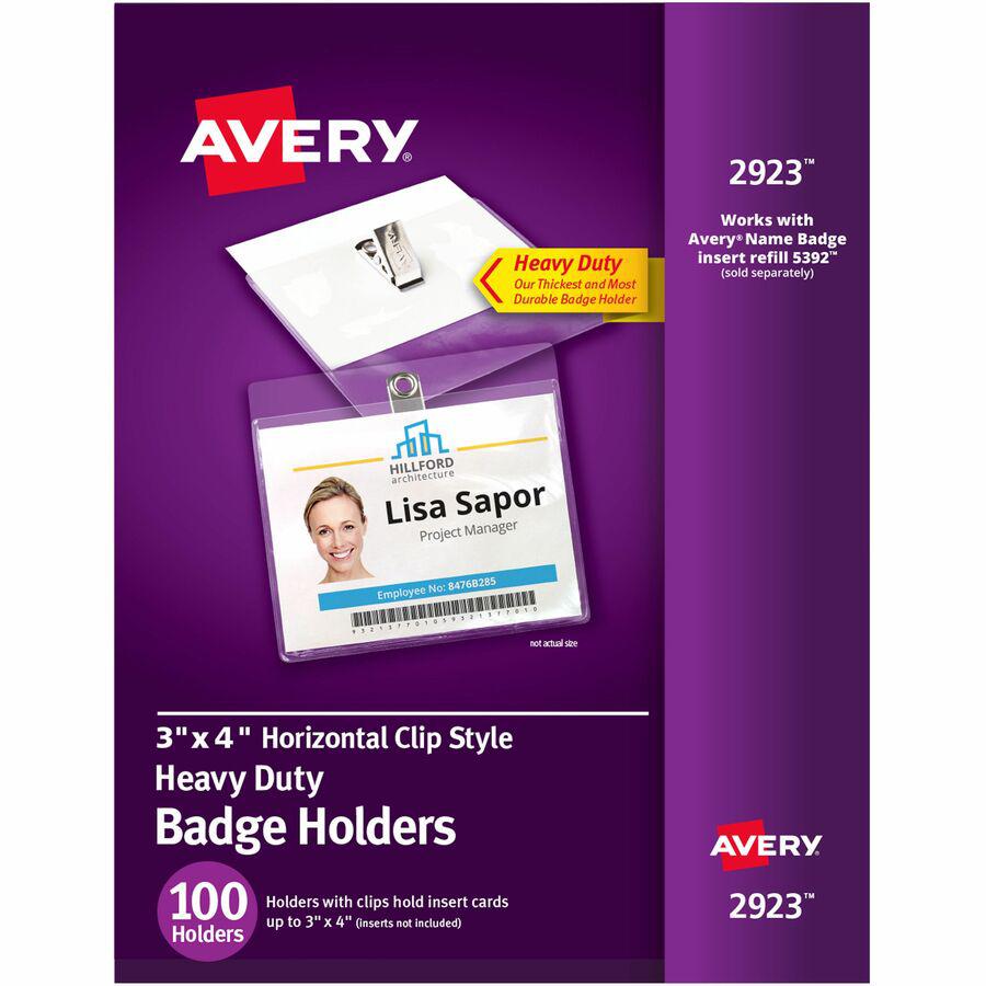 Avery&reg; Heavy-Duty Badge Holders - Clip Style - Support 3" x 4" Media - Horizontal - 4" x 3" - Plastic - 100 / Box - Clear. Picture 8