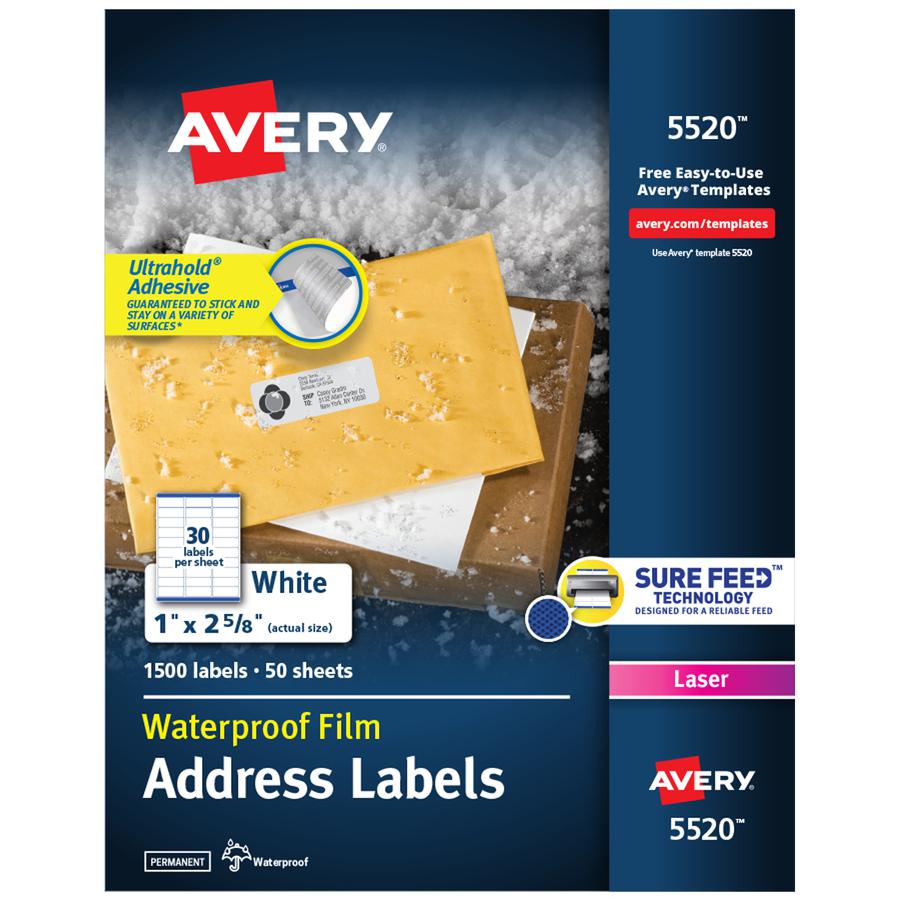 Avery&reg; 1" x 2-5/8" Labels, Ultrahold, 1,500 Labels (5520) - Waterproof - 1" Width x 2 5/8" Length - Permanent Adhesive - Rectangle - Laser - White - Film - 30 / Sheet - 50 Total Sheets - 1500 Tota. Picture 3