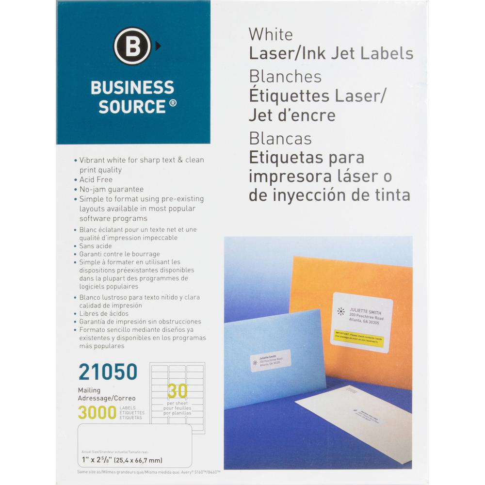 Business Source Bright White Premium-quality Address Labels - 1" Width x 2 5/8" Length - Permanent Adhesive - Rectangle - Laser, Inkjet - White - 30 / Sheet - 100 Total Sheets - 3000 / Pack. Picture 4