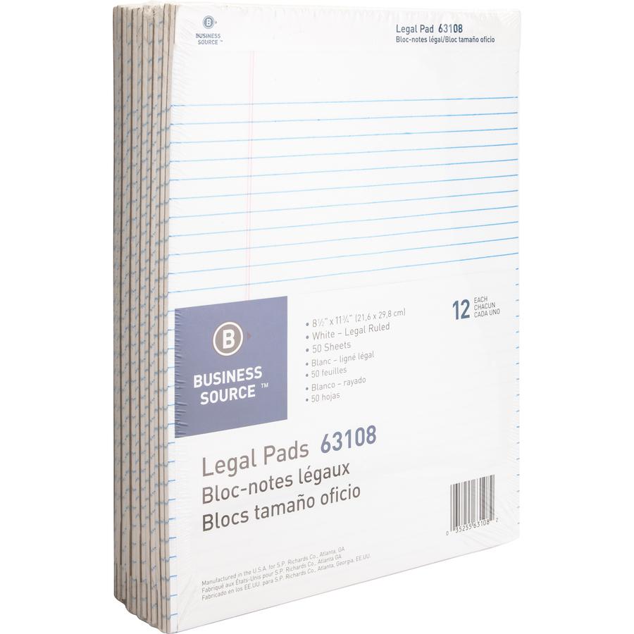 Business Source Micro-Perforated Legal Ruled Pads - 50 Sheets - 0.34" Ruled - 16 lb Basis Weight - 8 1/2" x 11 3/4" Sheet Size - White Paper - Micro Perforated, Easy Tear, Sturdy Back - No - 1 Dozen. Picture 3