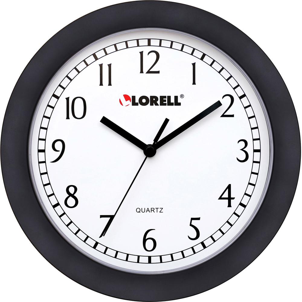 Lorell 9" Round Wall Clock - Analog - Quartz - White Main Dial - Black Case - Plastic. Picture 2
