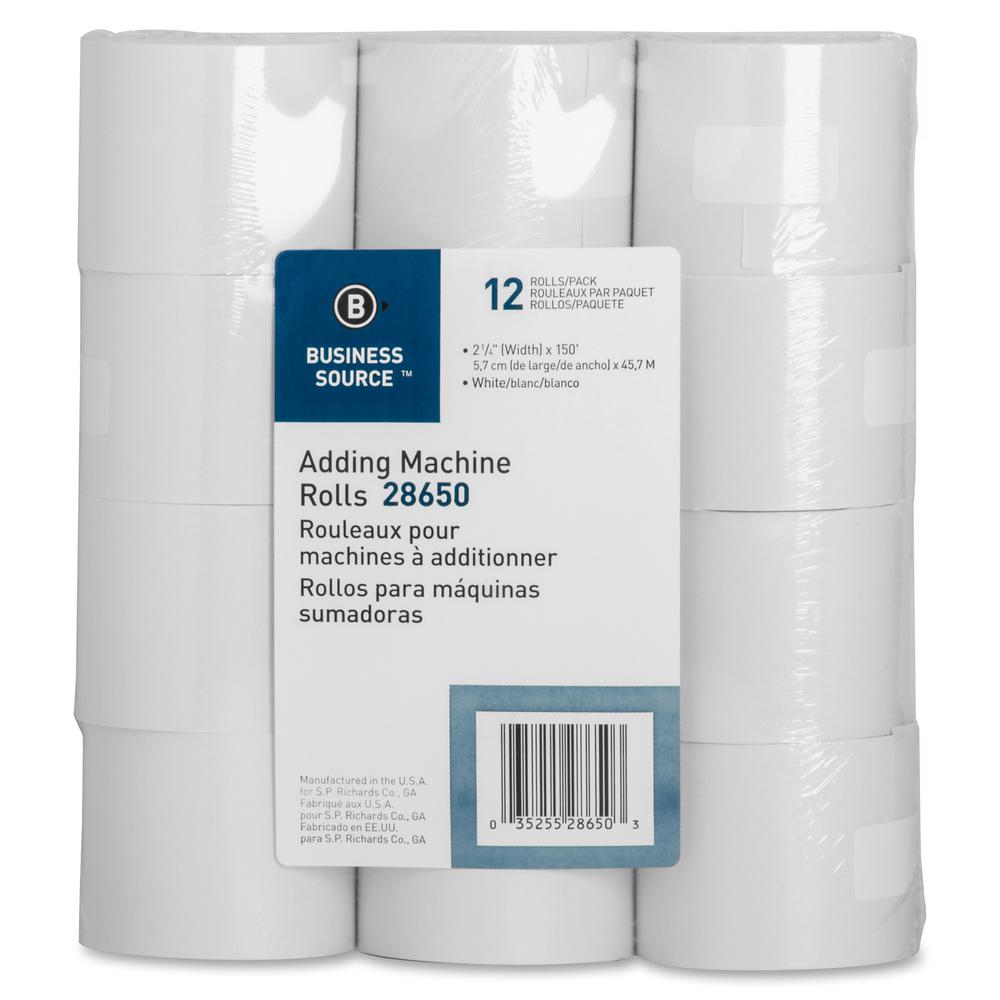 Business Source 150' Adding Machine Rolls - 2 1/4" x 150 ft - Sustainable Forestry Initiative (SFI) - Lint-free - White - 12 / Pack. Picture 3