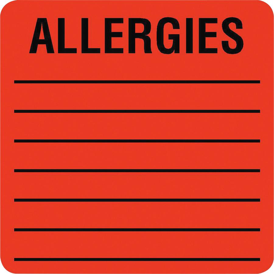 Tabbies Square ALLERGIES Labels - 2" Width x 2" Length - Permanent Adhesive - Square - Fluorescent Red - 500 / Roll - 500 / Roll - Self-adhesive. Picture 2