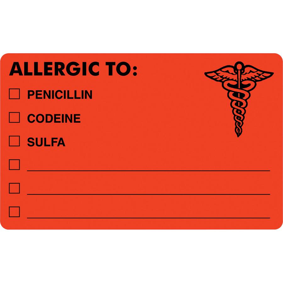 Tabbies ALLERGIC TO Medical Allergy Label - 4" Width x 2" Length - Permanent Adhesive - Rectangle - Fluorescent Red - 100 / Roll - 100 / Roll - Self-adhesive. Picture 2