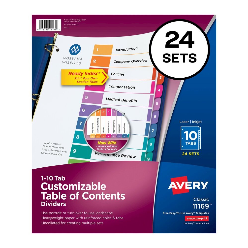 Avery&reg; Ready Index(R) 10 Tab Binder Dividers, Customizable Table of Contents, Multicolor Tabs, 24 Sets (11169) - 240 x Divider(s) - 1-10 - 10 Tab(s)/Set - 8.5" Divider Width x 11" Divider Length -. Picture 4