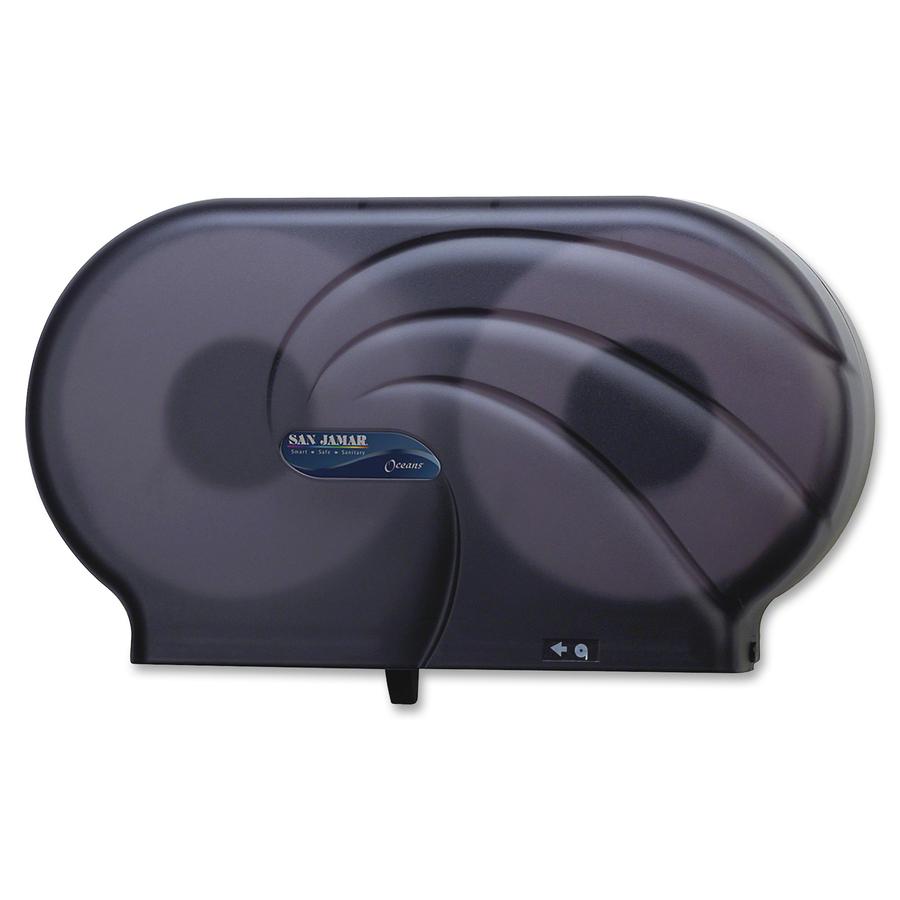 San Jamar Twin 9" JBT Bath Tissue Dispenser - Roll Dispenser - 2 x Roll - 12" Height x 19" Width x 5.3" Depth - Plastic - Pearl Black - Slim, Impact Resistant, Compact - 1 Each. Picture 2