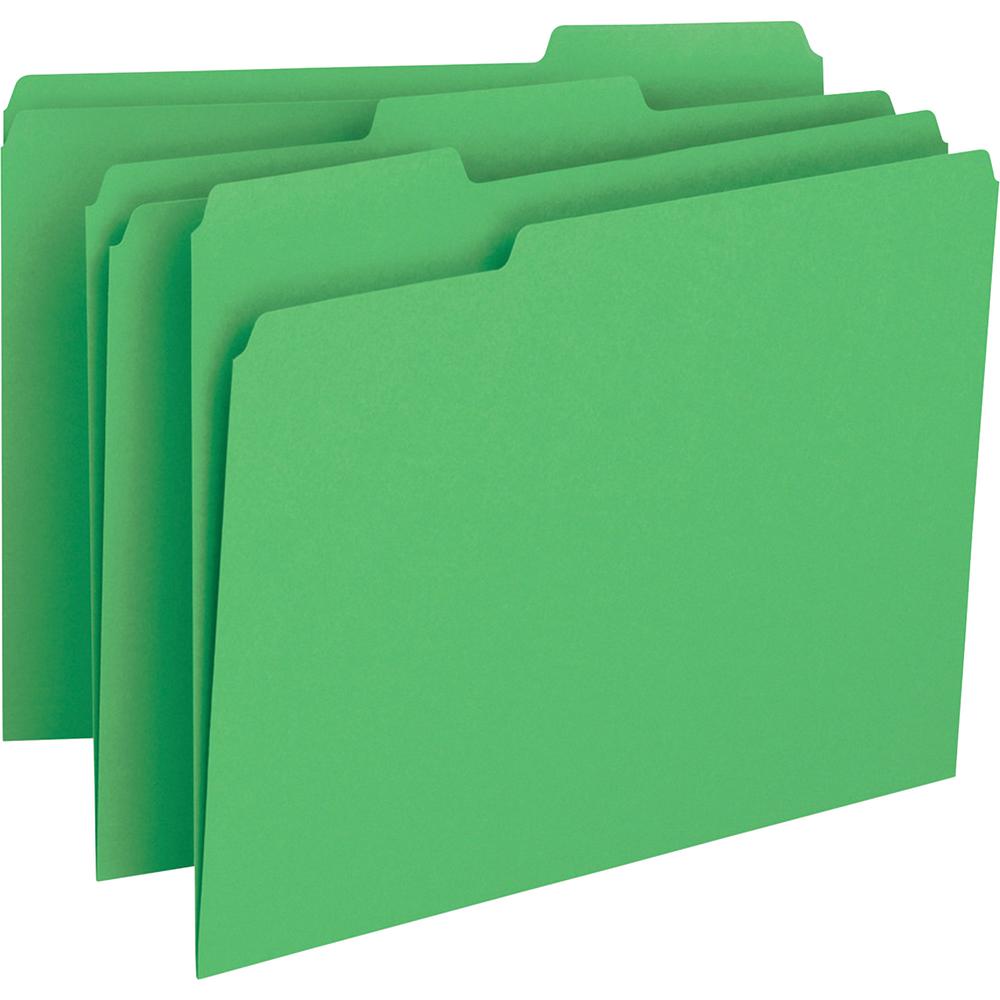 Business Source 1/3 Tab Cut Letter Recycled Top Tab File Folder - 8 1/2" x 11" - Top Tab Location - Assorted Tab Position - 11 pt. - 1 Plys - Green - 10% Recycled - 100 / Box. Picture 2