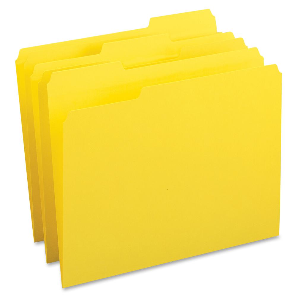 Business Source 1/3 Tab Cut Letter Recycled Top Tab File Folder - 8 1/2" x 11" - Top Tab Location - Assorted Tab Position - 11 pt. - 1 Plys - Yellow - 10% Recycled - 100 / Box. Picture 2