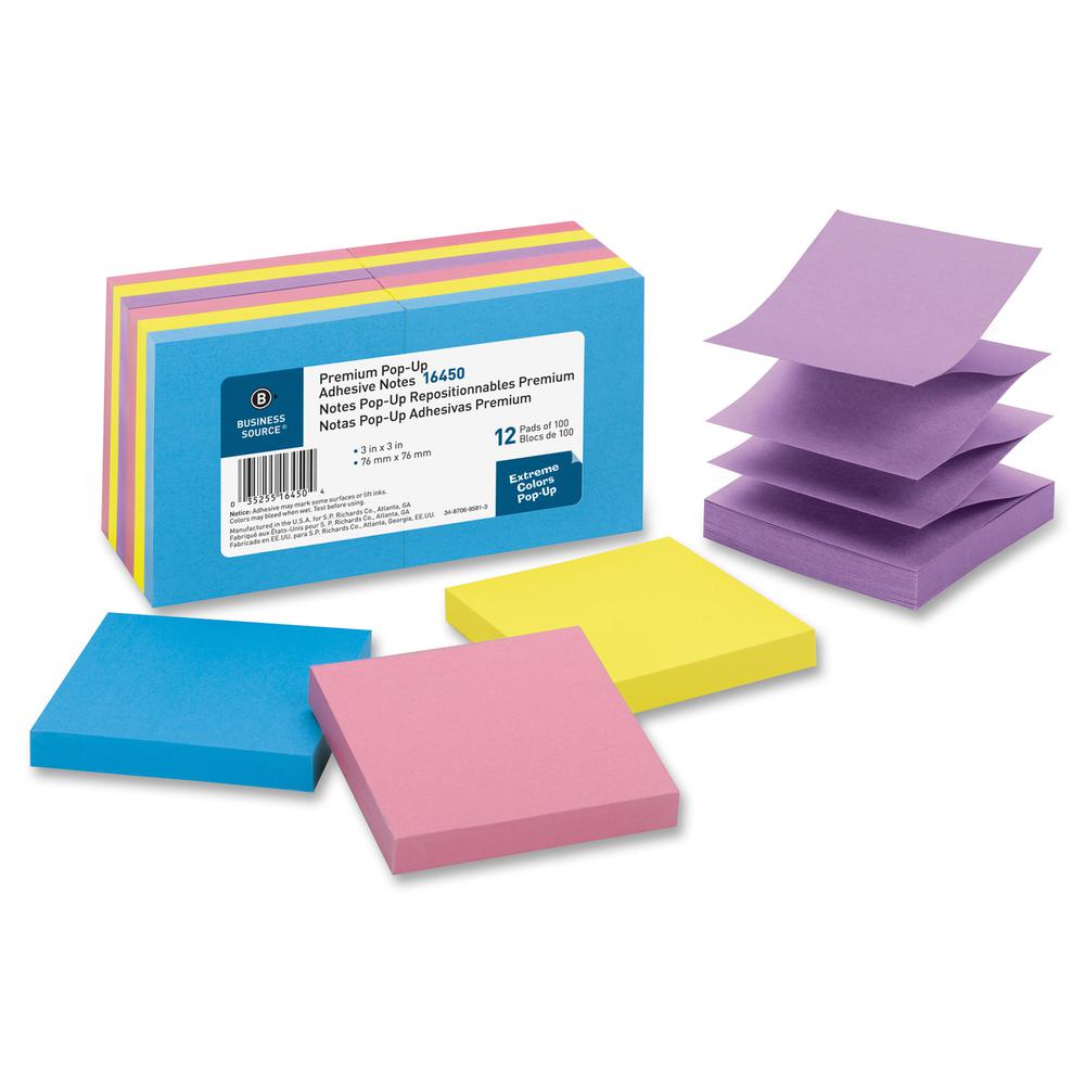 Business Source Reposition Pop-up Adhesive Notes - 3" Flag/Note Width x 3" Flag/Note Length - Square - Assorted - Removable, Repositionable, Solvent-free Adhesive - No - 12 / Pack. Picture 2