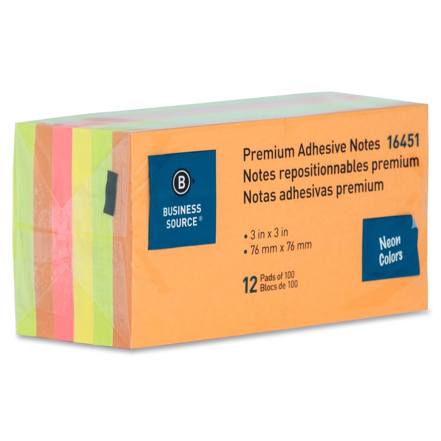 Business Source Repositionable Neon Notes - 3" Flag/Note Width x 3" Flag/Note Length - Square - Neon - Removable, Repositionable, Solvent-free Adhesive - 1 Pack. Picture 3