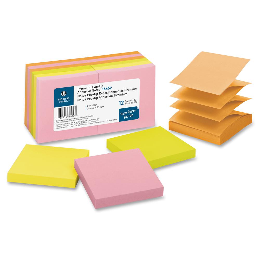 Business Source Reposition Pop-up Adhesive Notes - 3" Flag/Note Width x 3" Flag/Note Length - Square - Assorted Neon - Removable, Repositionable, Solvent-free Adhesive - No - 12 / Pack. Picture 2