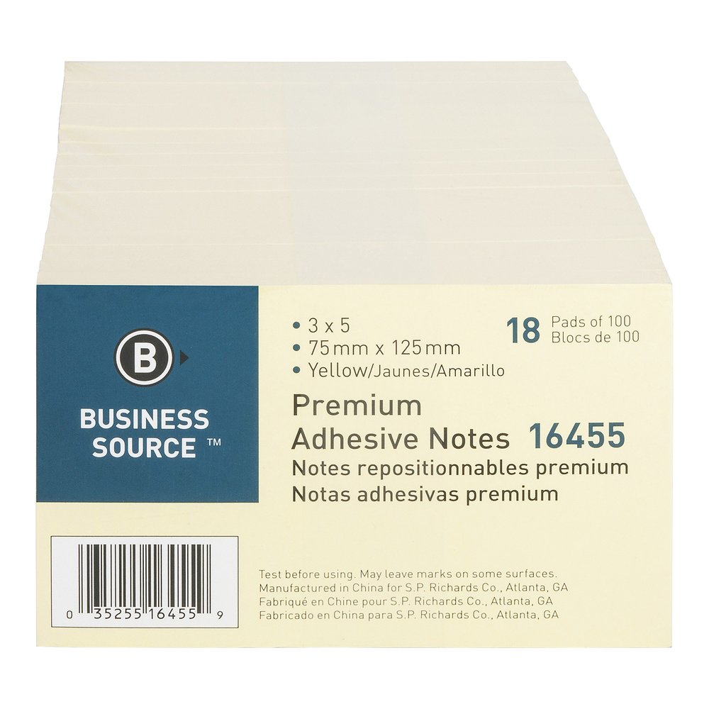 Business Source Repositionable Notes - 3" Flag/Note Width x 5" Flag/Note Length - Rectangle - Yellow - Repositionable, Solvent-free Adhesive - 18 / Pack. Picture 7
