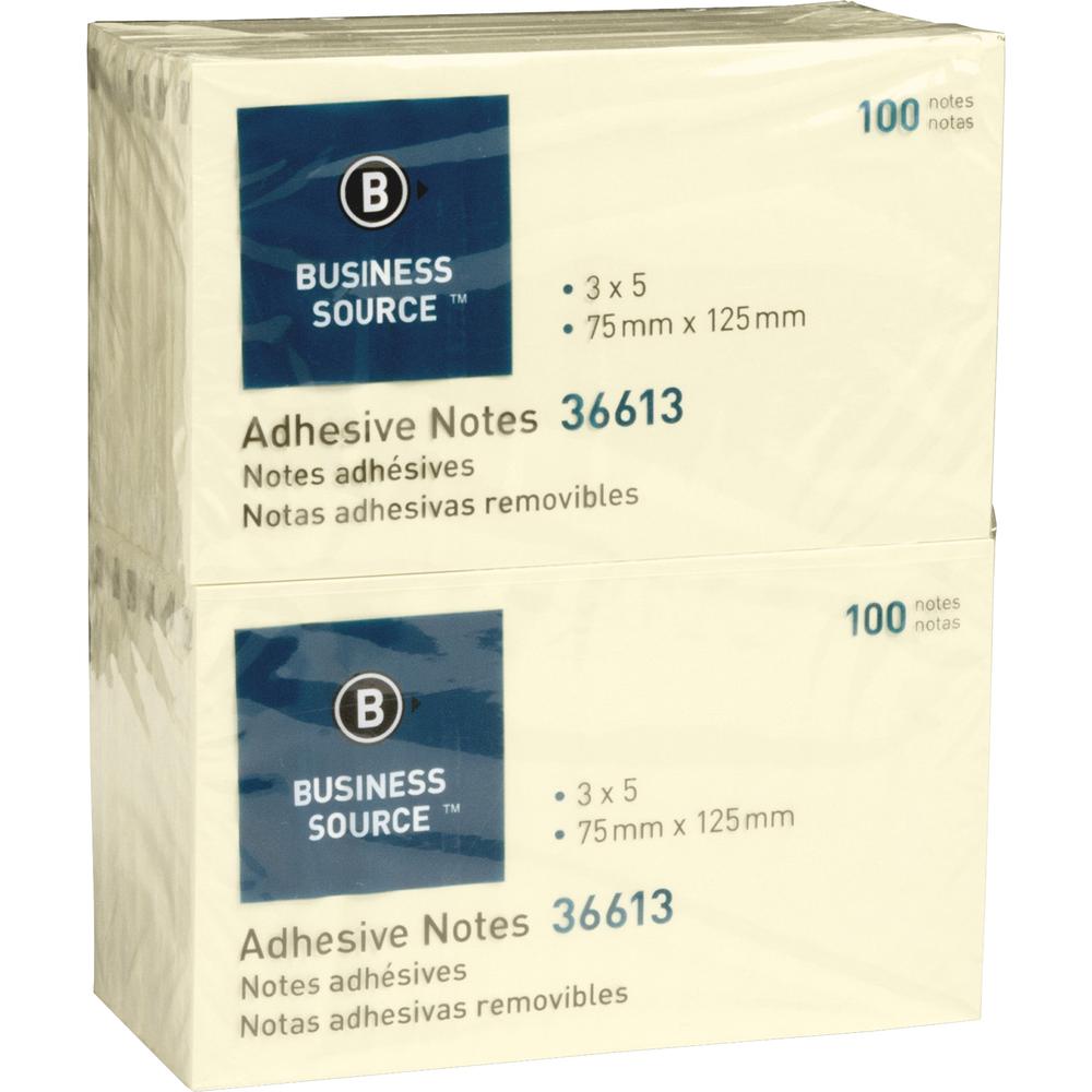 Business Source Yellow Repositionable Adhesive Notes - 3" Flag/Note Width x 5" Flag/Note Length - Rectangle - Yellow - Repositionable, Solvent-free Adhesive - 12 / Pack. Picture 2