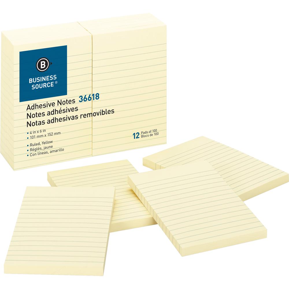 Business Source Ruled Adhesive Notes - 4" Flag/Note Width x 6" Flag/Note Length - Rectangle - Ruled - Yellow - Solvent-free Adhesive, Self-adhesive - 12 / Pack. Picture 2