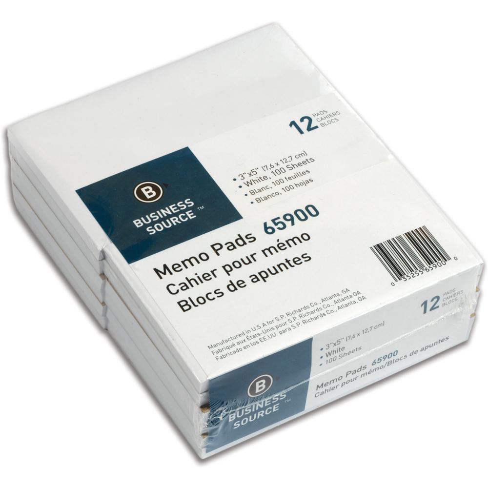 Business Source Plain Memo Pads - 100 Sheets - Plain - Glued - Unruled Front Ruling - 15 lb Basis Weight - 3" x 5" Sheet Size - White Paper - Chipboard Backing - 1 Dozen. Picture 6