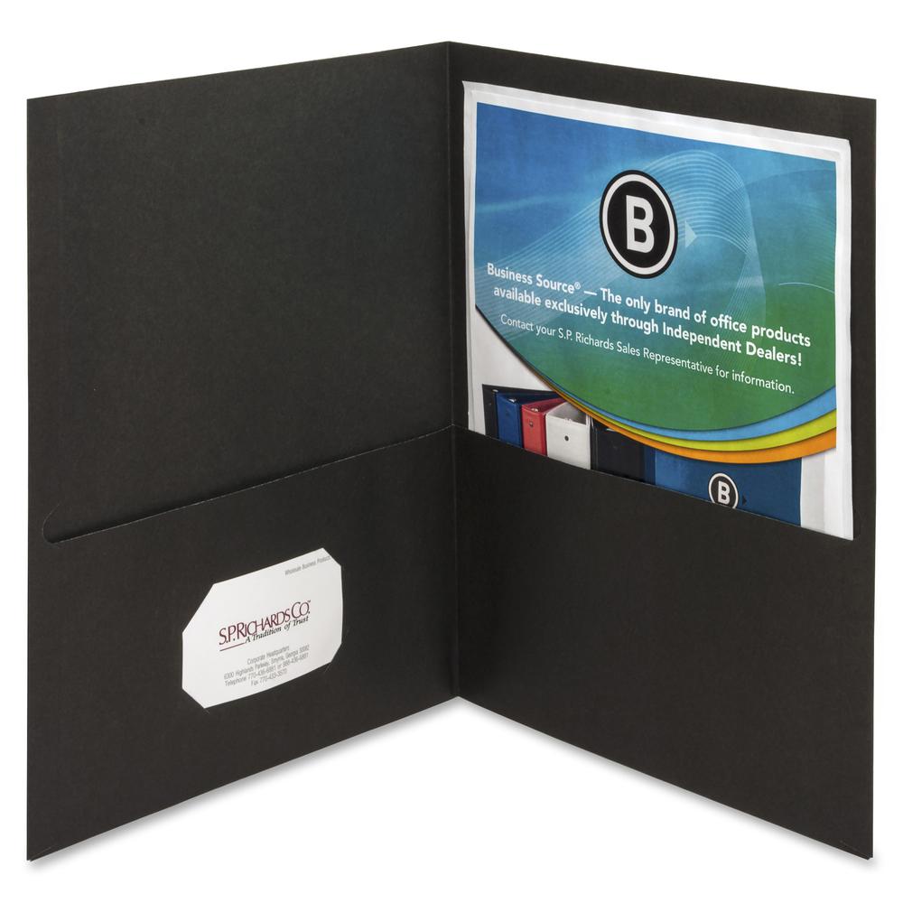 Business Source Letter Recycled Pocket Folder - 8 1/2" x 11" - 100 Sheets Capacity - 2 Inside Front & Back Pocket - Paper - Black - Card Holder - 35% Recycled - 25 / Box. Picture 3