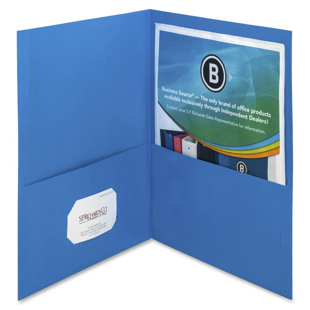 Business Source Letter Recycled Pocket Folder - 8 1/2" x 11" - 100 Sheets Capacity - 2 Inside Front & Back Pocket - Paper - Blue - Card Holder - 35% Recycled - 25 / Box. Picture 3