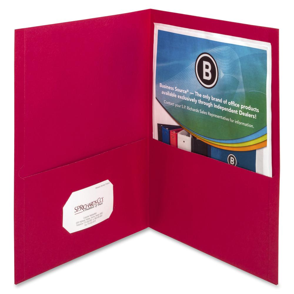 Business Source Letter Pocket Folder - 8 1/2" x 11" - 100 Sheets Capacity - 2 Inside Front & Back Pocket - Paper - Red - Card Holder - 25 / Box. Picture 4