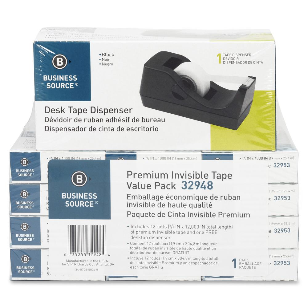 Business Source Invisible Tape Dispenser Value Pack - 27.78 yd Length x 0.75" Width - 1" Core - Clear - Acetate - Dispenser Included - Desktop Dispenser - For Multi Surface, Mending, Splicing, Holding. Picture 2