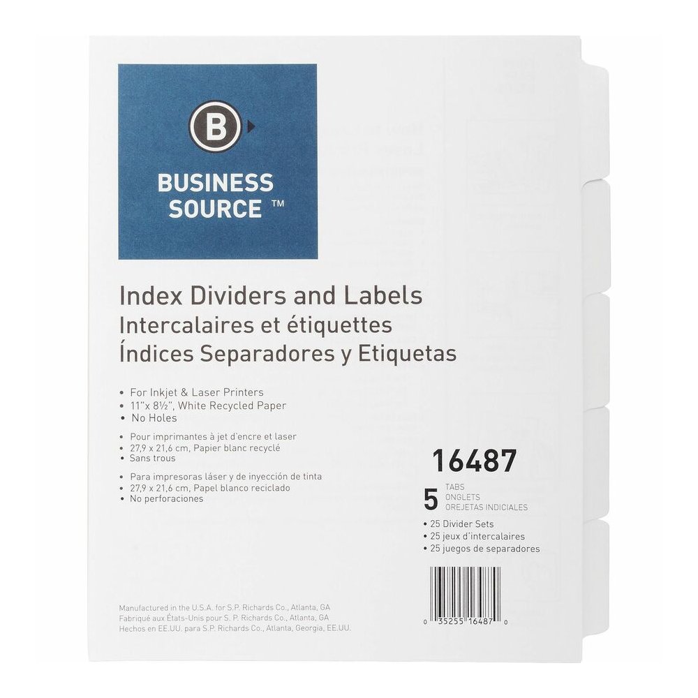 Business Source Un-punched Index Dividers Set - 5 x Divider(s) - Blank Tab(s) - 5 Tab(s)/Set - White Divider - White Tab(s) - 100% Recycled - Unpunched - 1 Box. Picture 6