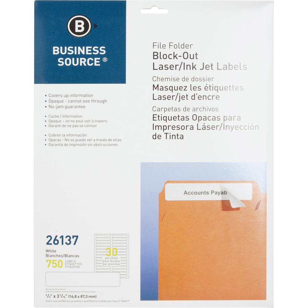 Business Source Block-out File Folder Labels - 3 7/16" Length - Permanent Adhesive - Laser, Inkjet - White - 30 / Sheet - 750 / Pack. Picture 2