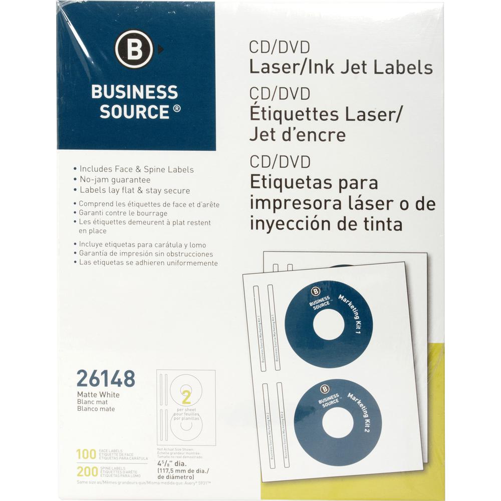 Business Source CD/DVD Labels - 4 5/8" Diameter - Permanent Adhesive - Circle - Inkjet, Laser - White - 100 / Pack. Picture 3