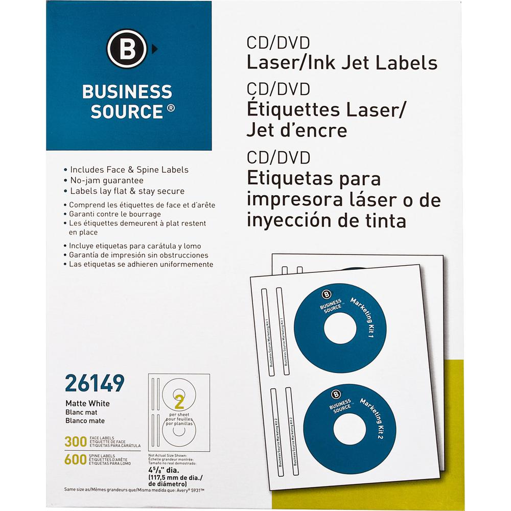 Business Source CD/DVD Labels - - Height4 5/8" Diameter - Permanent Adhesive - Circle - Inkjet, Laser - White - 300 / Pack - Lignin-free, Smudge Resistant. Picture 4