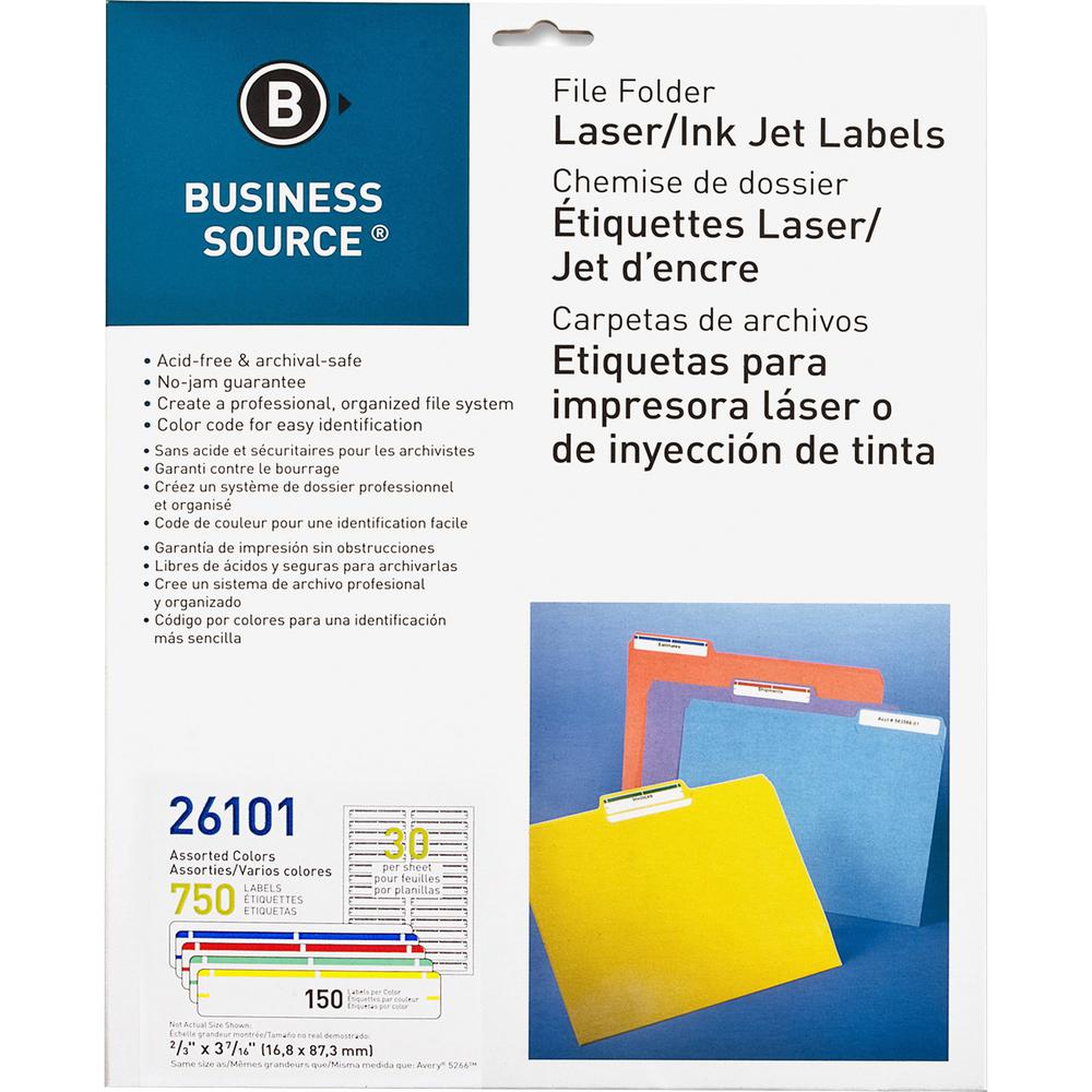 Business Source Laser/Inkjet File Folder Labels - 21/32" Width x 3 7/16" Length - Permanent Adhesive - Rectangle - Laser, Inkjet - Assorted - 30 / Sheet - 750 / Pack. Picture 2