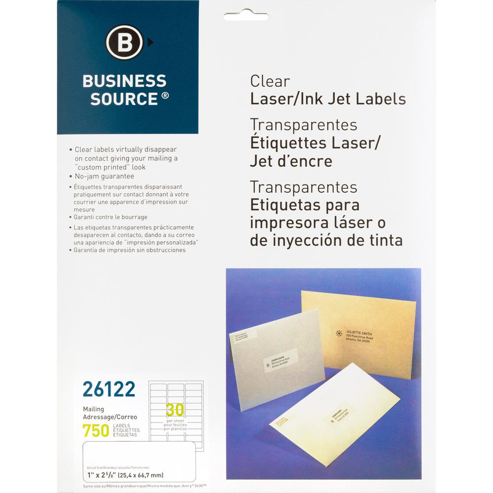 Business Source Mailing Address Labels - 1" Width x 2 3/4" Length - Permanent Adhesive - Rectangle - Laser - Clear - 30 / Sheet - 750 / Pack. Picture 5