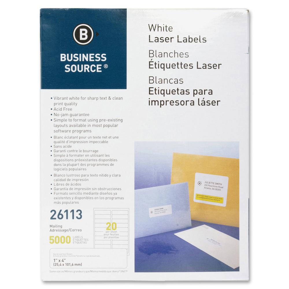 Business Source Bright White Premium-quality Address Labels - 1" Width x 4" Length - Permanent Adhesive - Rectangle - Laser, Inkjet - White - 20 / Sheet - 250 Total Sheets - 5000 / Pack. Picture 3