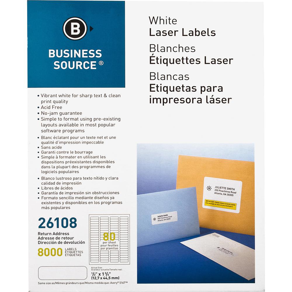 Business Source Address Laser Labels - 1/2" Width x 1 3/4" Length - Permanent Adhesive - Rectangle - Laser - White - 80 / Sheet - 100 Total Sheets - 8000 / Pack. Picture 2