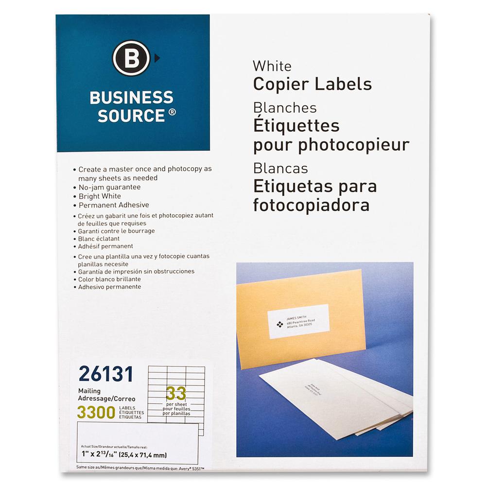 Business Source Bright White Copier Labels - 1" Width x 2 13/16" Length - Rectangle - White - 33 / Sheet - 3300 / Pack. Picture 3