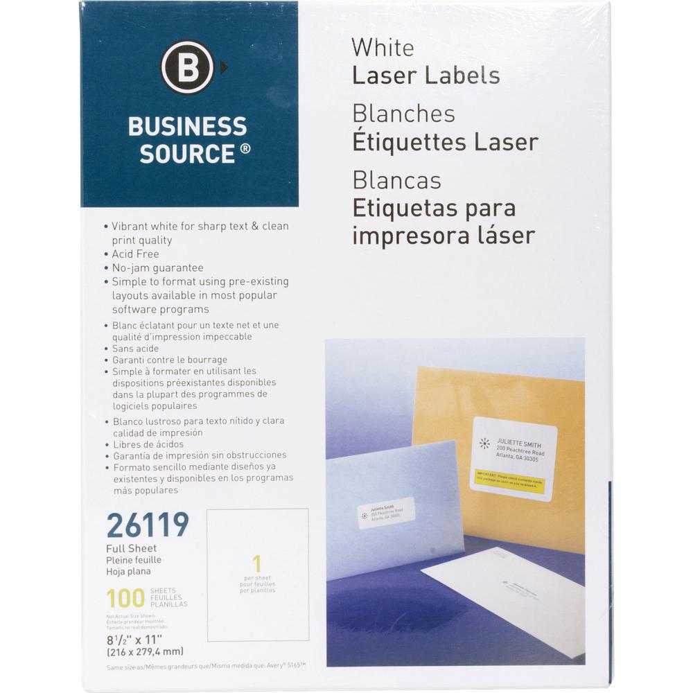 Business Source Address Labels - 8 1/2" Width x 11" Length - Permanent Adhesive - Rectangle - Laser, Inkjet - White - 1 / Sheet - 100 Total Sheets - 100 / Pack. Picture 2