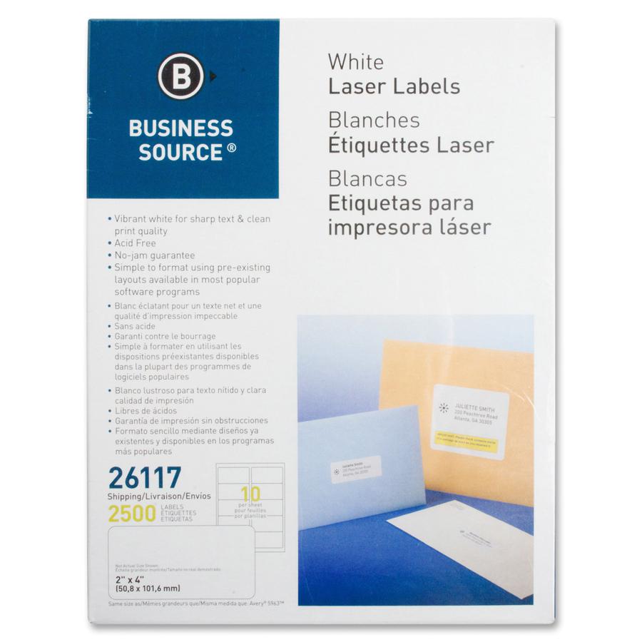 Business Source Bright White Premium-quality Shipping Labels - 2" Width x 4" Length - Permanent Adhesive - Rectangle - Laser, Inkjet - White - 10 / Sheet - 250 Total Sheets - 2500 / Pack. Picture 2