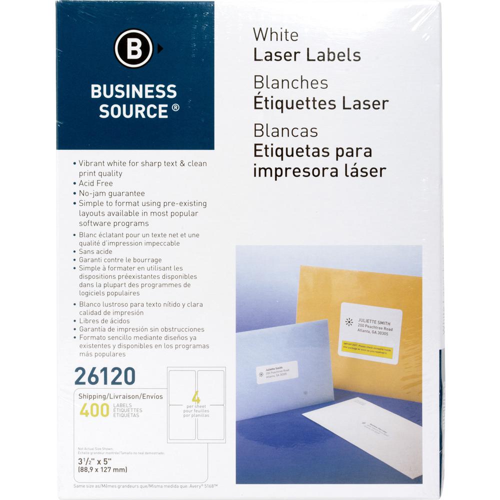 Business Source Bright White Premium-quality Address Labels - 3 1/2" Width x 5" Length - Permanent Adhesive - Rectangle - Laser, Inkjet - White - 4 / Sheet - 100 Total Sheets - 400 / Pack. Picture 2