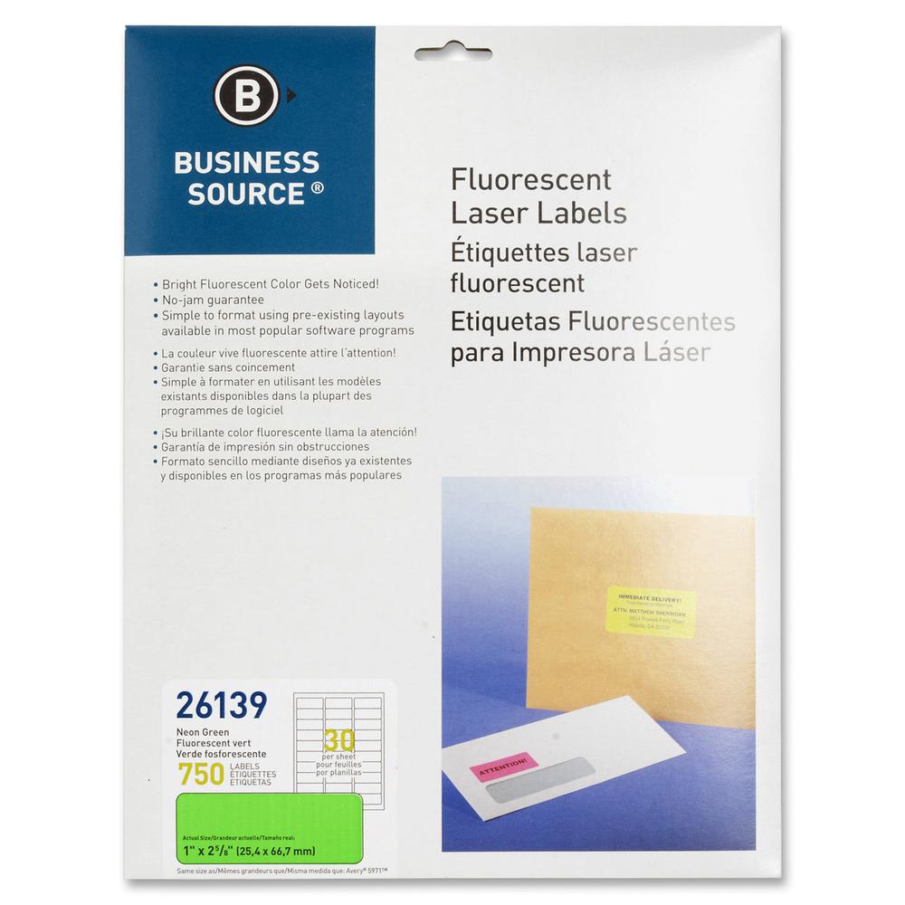 Business Source Neon Labels - 1" Width x 2 5/8" Length - Permanent Adhesive - Rectangle - Laser - Neon Green - 30 / Sheet - 750 / Pack. Picture 3