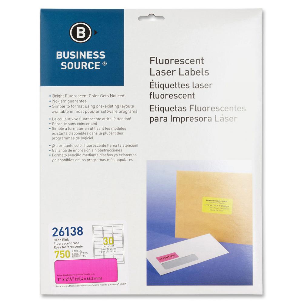 Business Source Neon Labels - 1" Width x 2 5/8" Length - Permanent Adhesive - Rectangle - Laser - Neon Pink - 30 / Sheet - 750 / Pack. Picture 2