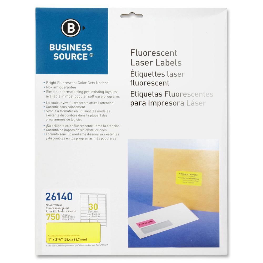 Business Source Neon Labels - 1" Width x 2 5/8" Length - Permanent Adhesive - Rectangle - Laser - Neon Yellow - 30 / Sheet - 750 / Pack. Picture 2