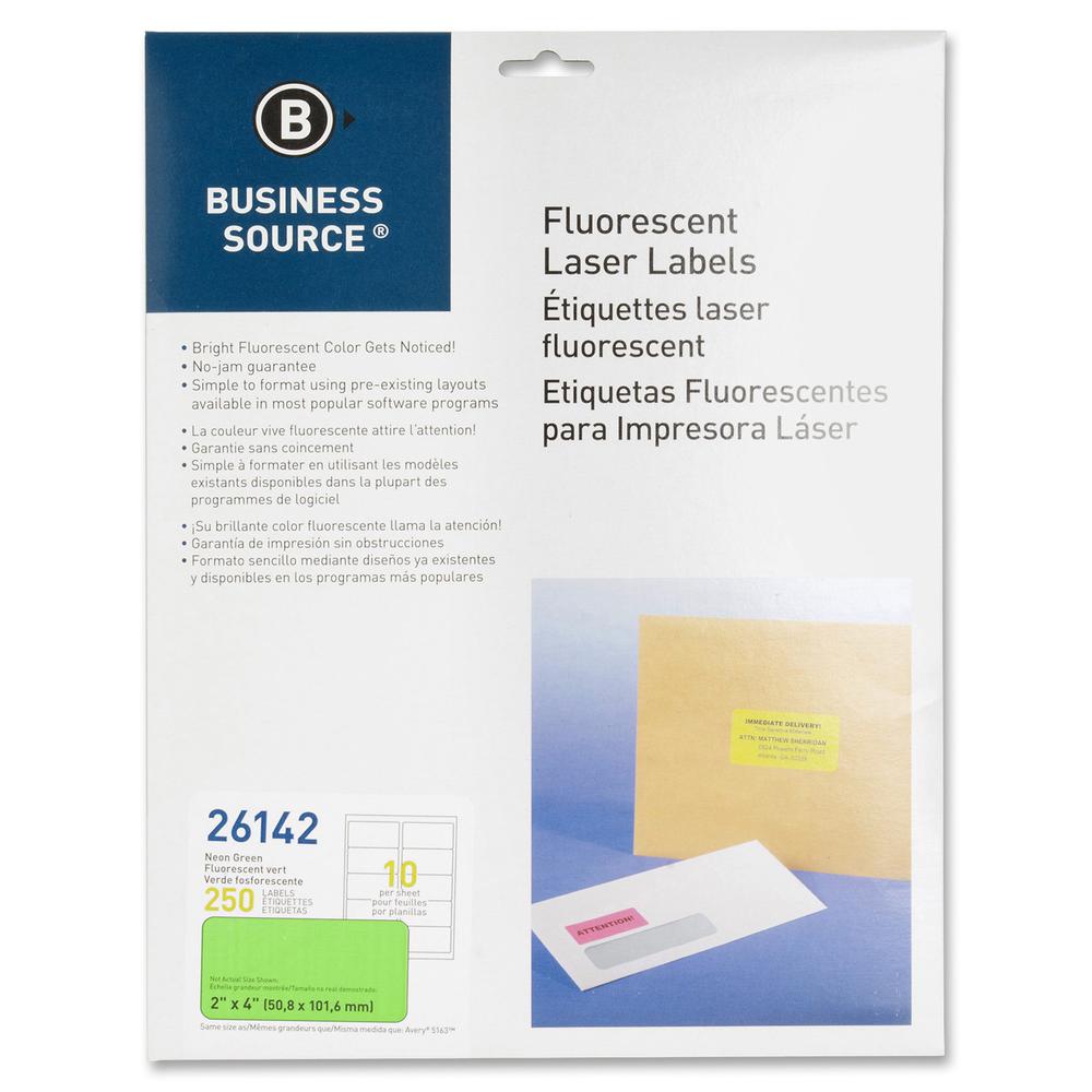 Business Source Neon Labels - 2" Width x 4" Length - Permanent Adhesive - Rectangle - Laser - Neon Green - 10 / Sheet - 250 / Pack. Picture 3