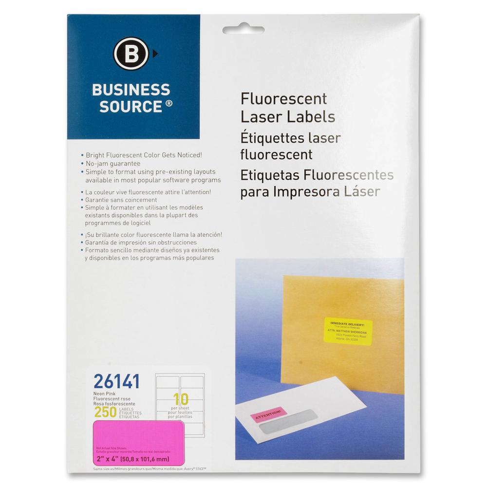 Business Source Neon Labels - 2" Width x 4" Length - Permanent Adhesive - Rectangle - Laser - Neon Pink - 10 / Sheet - 250 / Pack. Picture 2