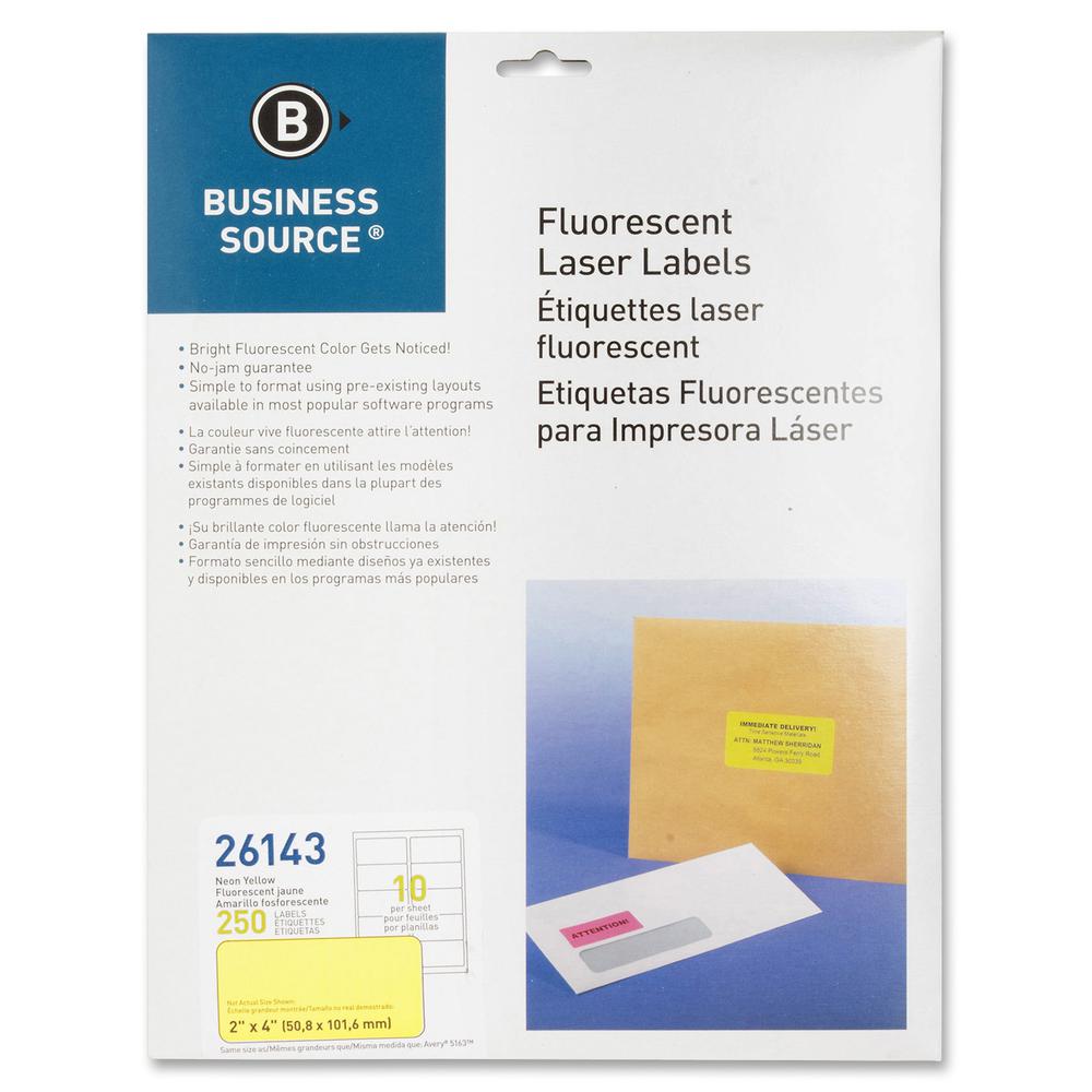 Business Source Neon Labels - 2" Width x 4" Length - Permanent Adhesive - Rectangle - Laser - Neon Yellow - 10 / Sheet - 250 / Pack. Picture 3