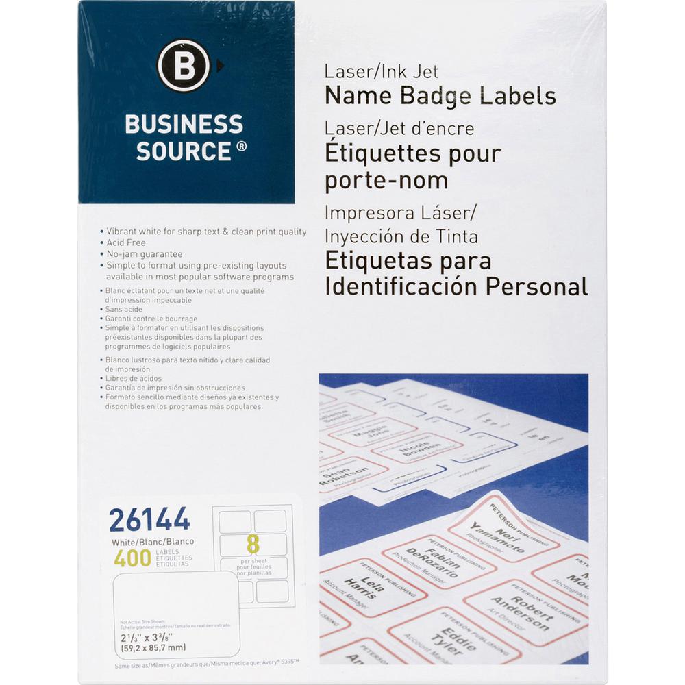 Business Source Laser/Inkjet Name Badge Labels - 2 1/3" Width x 3 3/8" Length - Rectangle - Laser, Inkjet - White - 8 / Sheet - 400 / Pack. Picture 3
