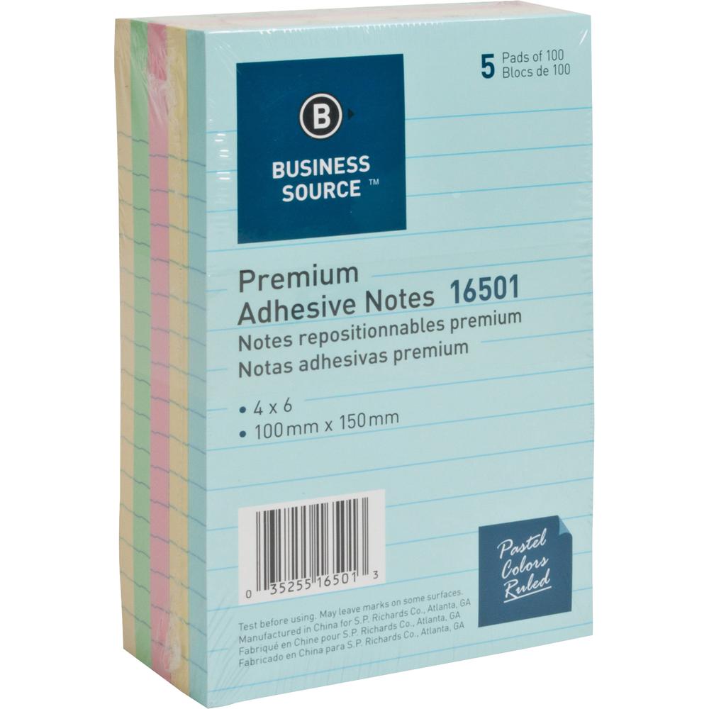 Business Source Ruled Adhesive Notes - 4" Flag/Note Width x 6" Flag/Note Length - Square - Ruled - Pastel - Self-adhesive, Solvent-free Adhesive - 5 / Pack. Picture 2